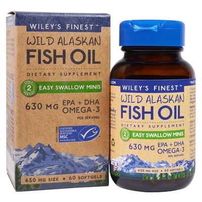 Wiley's Finest, жир дикой аляскинской рыбы, мягкие мини-таблетки, 630 мг, 60 мягких таблеток