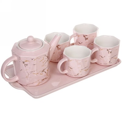 Чайный набор 6 предметов "Артемида" (Чайник заварочный 700мл+4кружки 180мл) на подносе, розовый