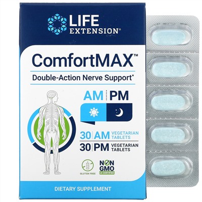Life Extension, ComfortMAX, поддержка нервов двойного действия, для приема утром и вечером, 30 вегетарианских таблеток каждая