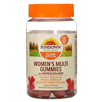 Sundown Naturals, мультивитамины с биотином для женщин, вкус малины, 60 жевательных таблеток