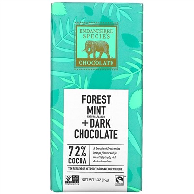 Endangered Species Chocolate, Forest Mint + Dark Chocolate, 72% Cocoa, 3 oz (85 g)