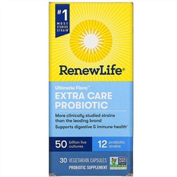 Renew Life, Extra Care, Ultimate Flora пробиотик с повышенной силой действия, 50 млрд живых культур, 30 вегетарианских капсул