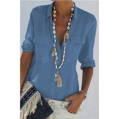 Голубая рубашка с застежкой на пуговицах с отложным воротником и карманами