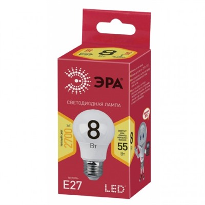 Лампа светодиодная Эра Эко 8(55) Вт, цоколь E27, теплый  свет, 25000 ч, LED smdA60-8w-827-E27ECO