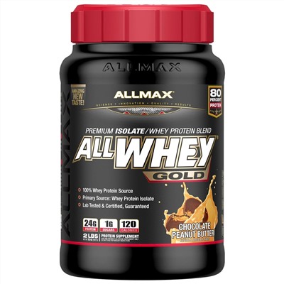 ALLMAX Nutrition, AllWhey Gold, 100% сывороточный протеин+ премиум-изолят сывороточного протеина, шоколад и арахисовое масло, 2 фунта (907 г)