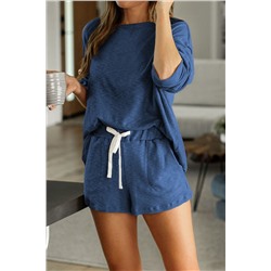 Синий вязаный пижамный комплект: блуза + шорты с карманами