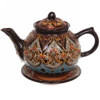 Набор чайный (блюдо, чайник, пиала 6шт) Бисер зеленый Риштанская керамика