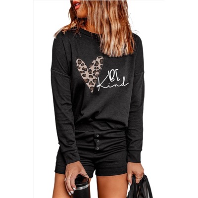 Be Kind Leopard Heart Print Long Sleeve Top and Shorts Loungewear