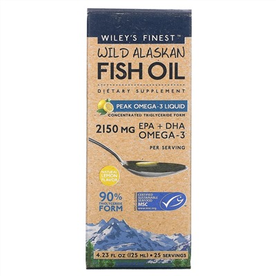 Wiley's Finest, Wild Alaskan Fish Oil, Peak Omega-3 Liquid, Natural Lemon Flavor, 2,150 mg, 4.23 fl oz (125 ml)