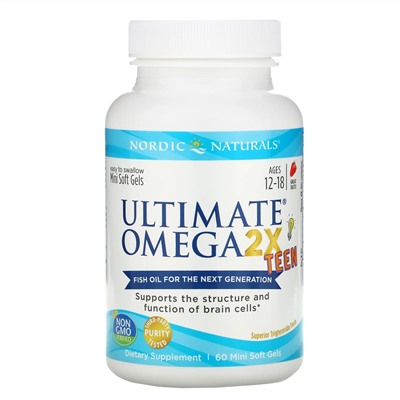 Nordic Naturals, Ultimate Omega 2X Teen, для подростков от 12 до 18 лет, со вкусом клубники, 60 мини-капсул