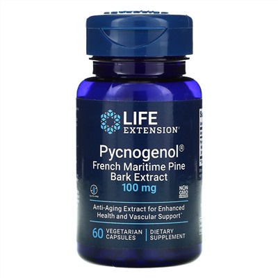 Life Extension, Pycnogenol, экстракт коры французской приморской сосны, 100 мг, 60 вегетарианских капсул