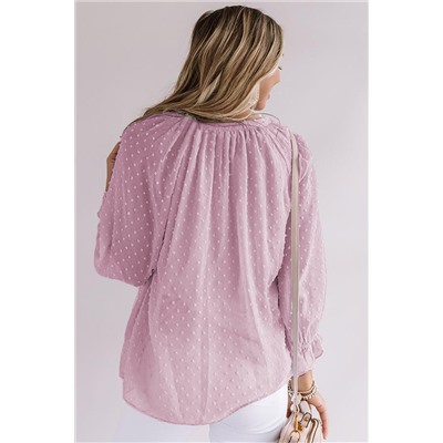 Розовая свободная блуза в горошек с V-образным вырезом и пышными рукавами