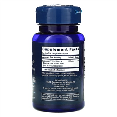 Life Extension, Pycnogenol, экстракт коры французской приморской сосны, 100 мг, 60 вегетарианских капсул