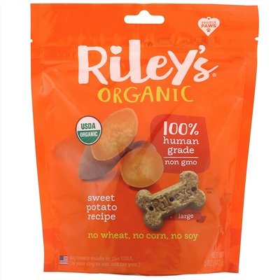 Riley’s Organics, Лакомства для собак, большая косточка, рецепт с бататом, 142 г (5 унций)