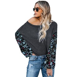 Серый трикотажный пуловер с широким вырезом и рукавами в цветочек