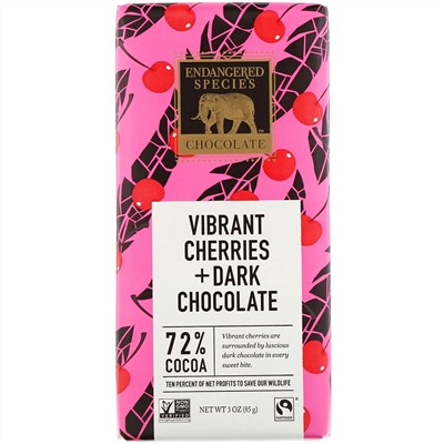 Endangered Species Chocolate, Vibrant Cherries + Dark Chocolate, 72% Cocoa, 3 oz (85 g)