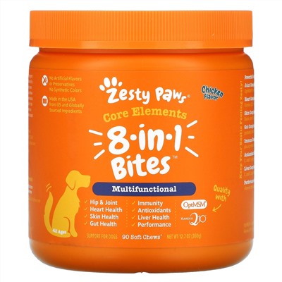 Zesty Paws, Multivitamin Bites, мультивитаминная добавка для собак 5 в 1, для повышения тонуса, для любого возраста, со вкусом курицы, 90 мягких жевательных таблеток, 360 г (12,7 унции)