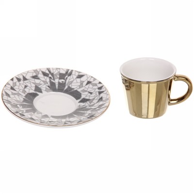 Кофейная пара (зеркальная кружка 90мл+блюдце) анаморфный дизайн "Олень" серебро
