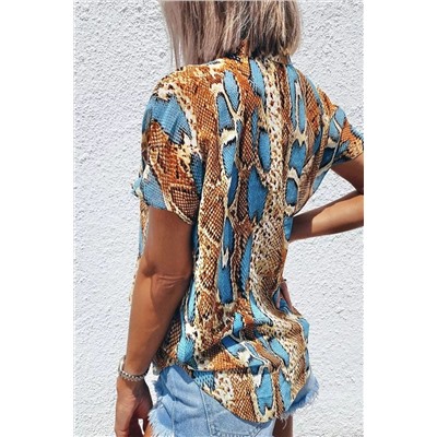 Голубая свободная блуза с леопардовым принтом