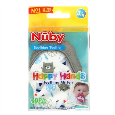 Nuby, Soothing Teether, Happy Hands Teething Mitten, Bears, 3+ M, 2 Piece Set