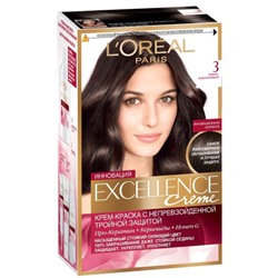 Краска для волос L'Oreal (Лореаль) Excellence Creme, тон 3 - Темно-каштановый