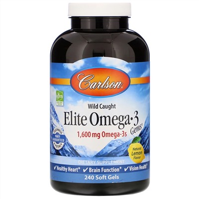 Carlson Labs, Elite Omega-3 Gems, отборные омега-3 кислоты, натуральный лимонный вкус, 1600 мг, 240 мягких таблеток