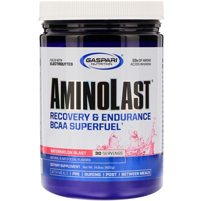 Gaspari Nutrition, Aminolast, восстановление и выносливость, супертопливо из аминокислот с разветвленной цепью, арбузный взрыв, 420 г