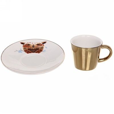 Кофейная пара (зеркальная кружка 90мл+блюдце) анаморфный дизайн "Сова"