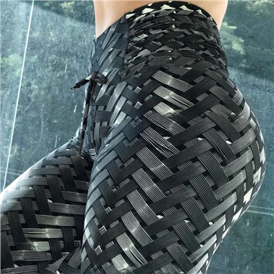 Черно-золотистые спортивные леггинсы со шнурком и узором-"плетенкой"