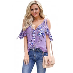 Фиолетовая блузка с цветочным узором и вырезами на плечах