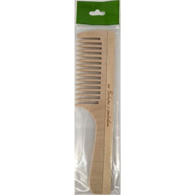 Расчёска деревянная с ручкой, редкие зубцы, 19,7*4,3 см, в индивидуальной упаковке с европодвесом