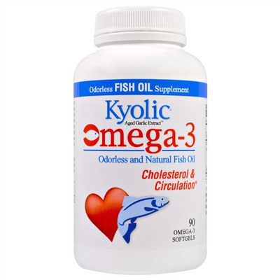 Kyolic, Aged Garlic Extract, выдержанный экстракт чеснока, с омега-3, улучшение холестеринового баланса и кровообращения, 90 капсул с омега-3