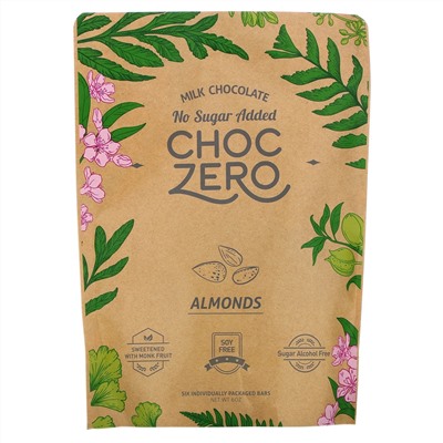 ChocZero, Milk Chocolate, Almonds, No Sugar Added, 6 Bars, 1 oz Each