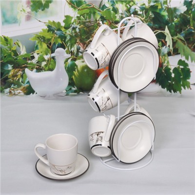 Набор чайный 12 предметов "Прометей" (6кружек 130мл+6блюдец) на металлической подставке, белый мрамор