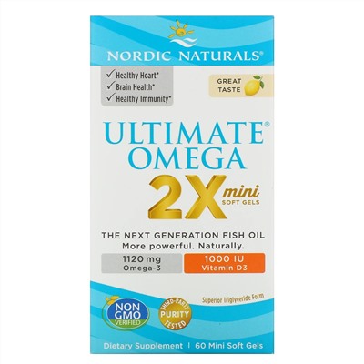 Nordic Naturals, Ultimate Omega 2X с витамином D3, лимон, 60 мягких мини-таблеток