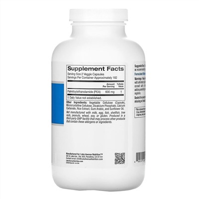 Lake Avenue Nutrition, ПЭА (пальмитоилэтаноламид), 300 мг, 365 растительных капсул