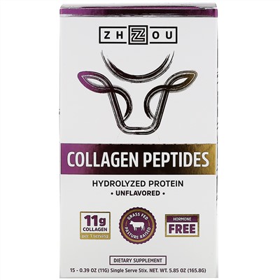 Zhou Nutrition, Collagen Peptides, Hydrolyzed Protein, Unflavored, 15 Stix, 0.39 oz (11 g) Each