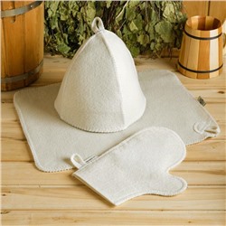 Набор банный белый 3 предмета без вышивки (шапка, варежка, коврик) в плёнке
