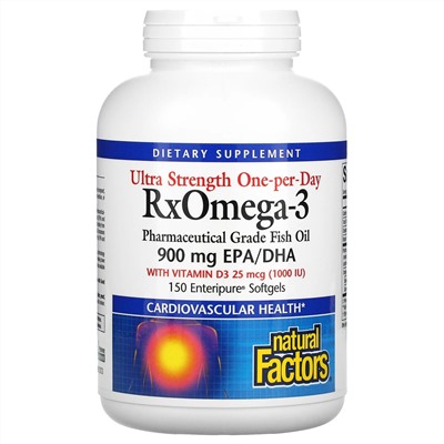 Natural Factors, Ultra Strength, RxOmega-3, с витамином D3, 900 мг ЭПК/ДГК (эйкозапентаеновая/докозагексаеновая кислота), 150 гелевых капсул Enteripure