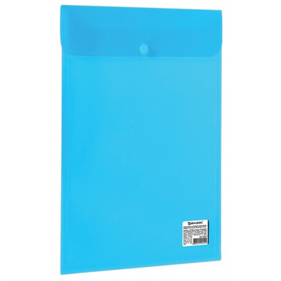 Папка-конверт с кнопкой Brauberg (Брауберг), прозрачная, синяя, А4, до 100 листов, 0,15 мм