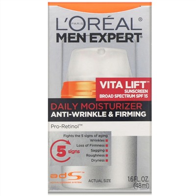 L'Oreal, Men Expert, Борьба с морщинами и укрепление, ежедневное увлажнение Vita Lift, SPF 15, 48 мл