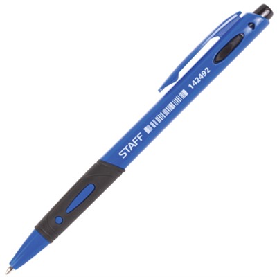 Ручка шариковая автоматическая с грипом Staff (Стафф), синяя, корпус синий, узел 0,7 мм, линия письма 0,35 мм