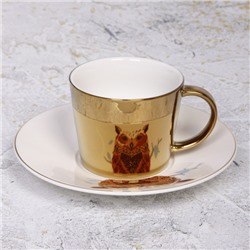 Чайная пара (зеркальная кружка 230мл+блюдце) анаморфный дизайн "Сова"