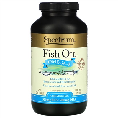 Spectrum Essentials, рыбий жир, омега-3, 1000 мг, 250 мягких таблеток