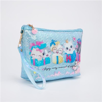 Косметичка-сумочка, отдел на молнии, с ручкой, цвет голубой, «Котята»