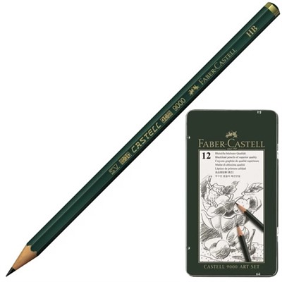 Карандаши чернографитные FABER-CASTELL, НАБОР 12 шт., “Castell 9000 Art Set“, 2H-8B, металлическая коробка, 119065