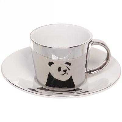 Чайная пара (зеркальная кружка 230мл+блюдце) анаморфный дизайн "Панда"