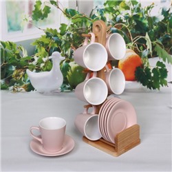 Набор чайный 12 предметов "Матовая глазурь" (6кружек 130мл+6блюдец) на бамбуковой подставке, розовый