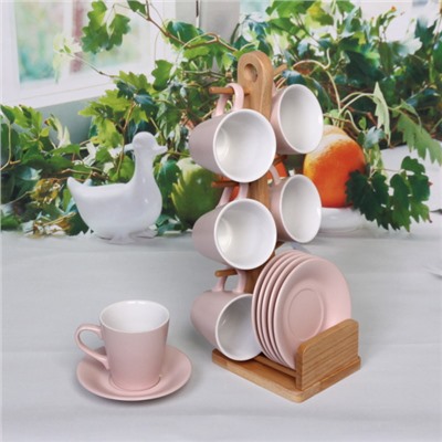 Набор чайный 12 предметов "Матовая глазурь" (6кружек 130мл+6блюдец) на бамбуковой подставке, розовый