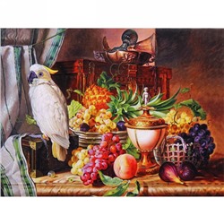 Алмазная мозаика 40*50см "Попугай с фруктами" с полным заполнением, напечатанной рамкой, на деревянном подрамнике J50450